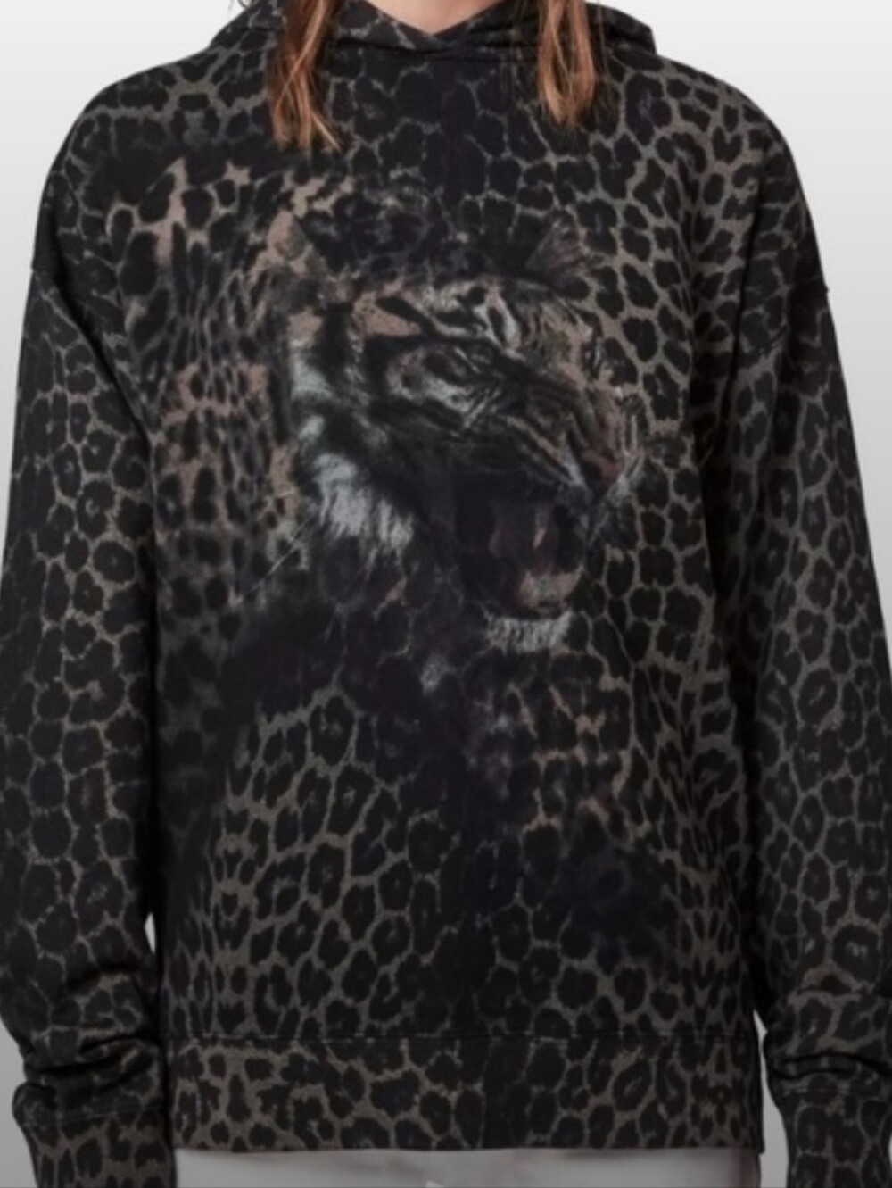 AllSaints Leopard Print Hooded Sweater with Tiger Graphic - Gray